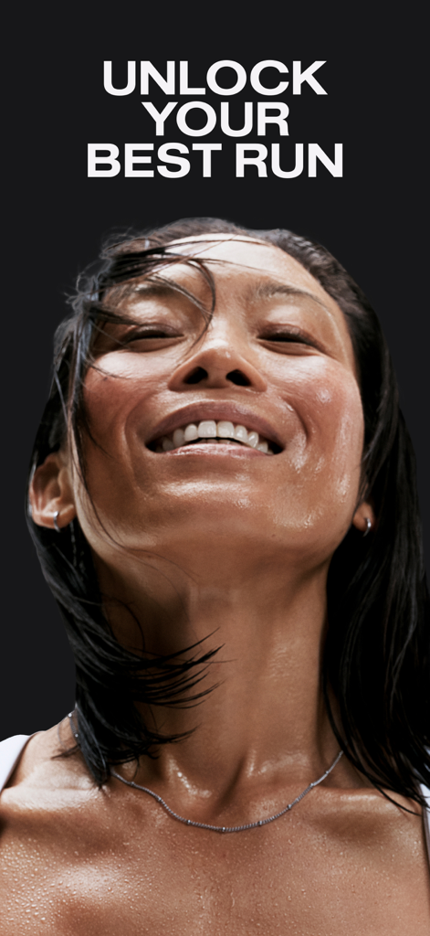 Smiling woman sweating after a workout with the text Unlock Your Best Run