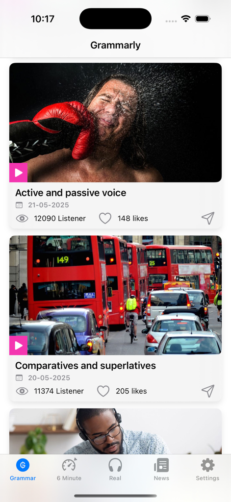 Grammar English Podcast - Grammar English Podcastアプリのアクティブボイスと比較級に関する英語文法ポッドキャストレッスンのリスト。