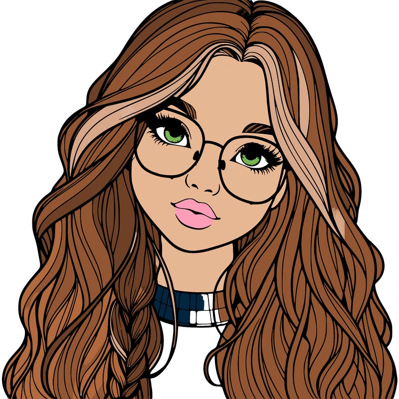 girl with long hair and freckles and glasses realistic