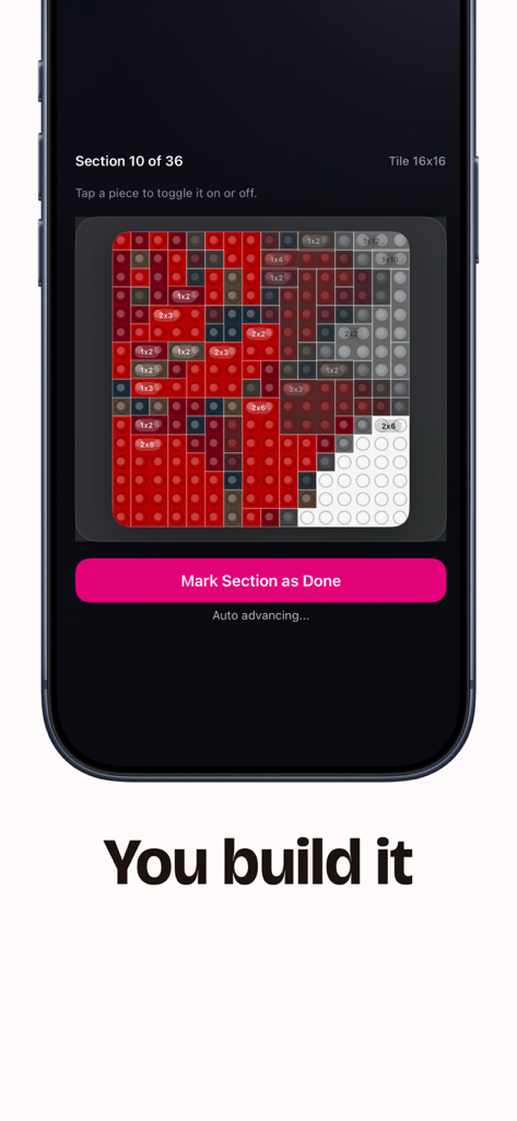 Brickart - Uma tela de celular do Brickart mostrando um guia de construção detalhado passo a passo para um mosaico de blocos personalizado.