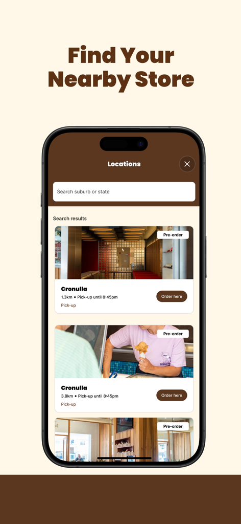 Gelato Messina - Gelato Messina mobile app screen showing store locations and pre-order options