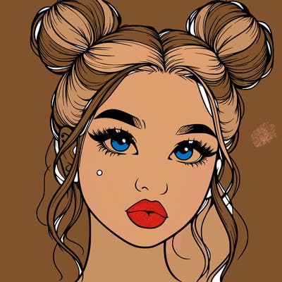realistic girl with two buns on her hair and lips