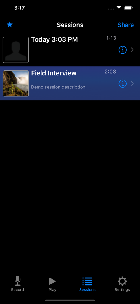 A list of audio recording sessions within the Hindenburg Field Recorder app showing timestamps and titles like Field Interview