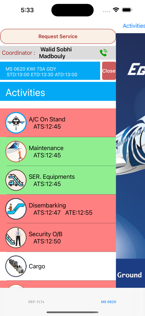 GOMS - Mobile interface of GOMS showing real-time ground operation activities like maintenance and cargo loading with timestamps