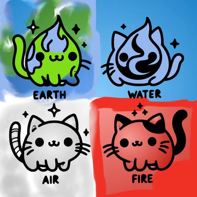 4 cats that represent the different elements, earth, water, air, and fire