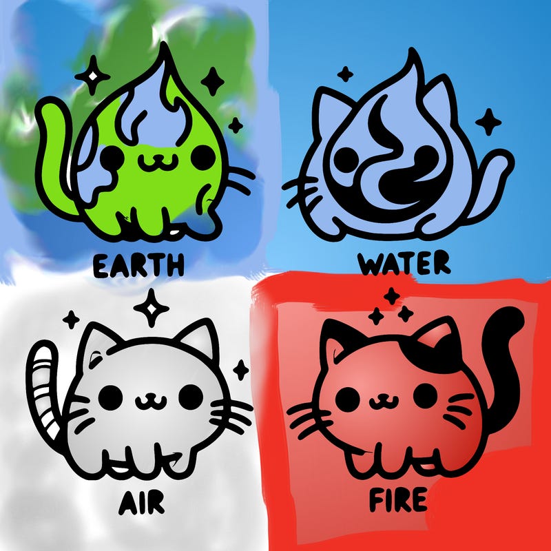 4 cats that represent the different elements, earth, water, air, and fire