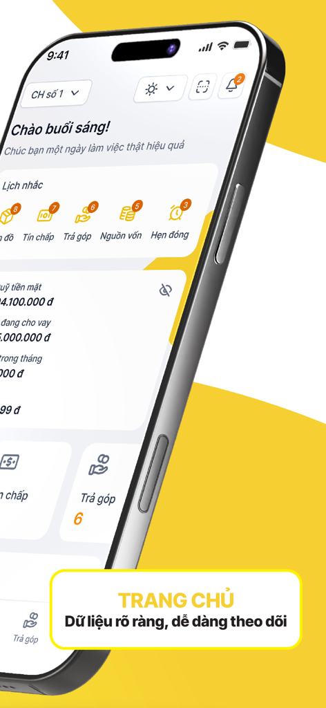 LendMe - Panel de inicio de la aplicación LendMe que muestra un resumen financiero y recordatorios para la gestión de casas de empeño en vietnamita