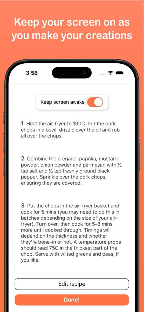 Pocket Cookbook - A smartphone screen displaying a recipe with the keep screen awake feature enabled in the Pocket Cookbook app.