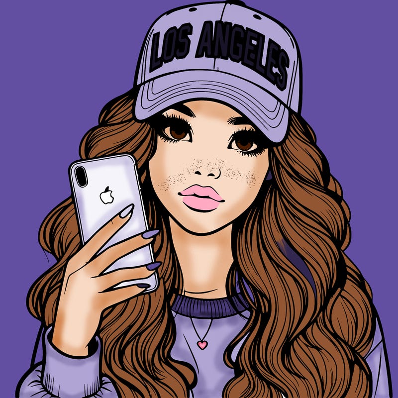 realistic beautiful girl wearing los ángeles cap holding an iphone