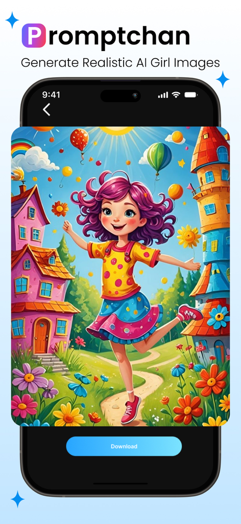 Promptchan ai - Promptchan AI app interface showing a colorful AI generated cartoon girl in a whimsical landscape