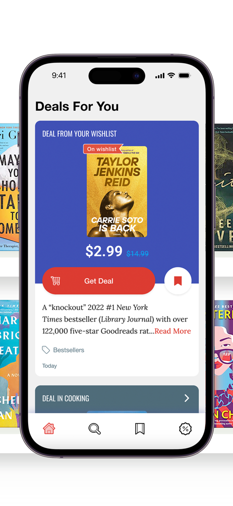 The BookBub app interface displaying a personalized ebook deal for a title on a user wishlist