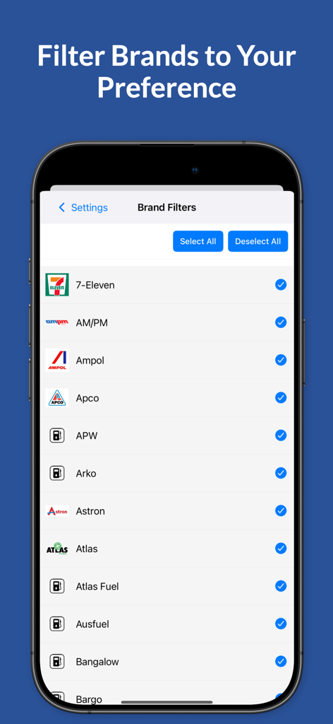 FuelRadar: Petrol Prices Map - Interface of the FuelRadar app showing fuel brand filter settings with a list of Australian petrol stations