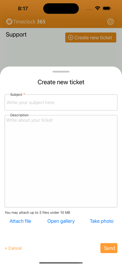 Timeclock 365 Time Tracker - Interface for creating a support ticket in the Timeclock 365 mobile app