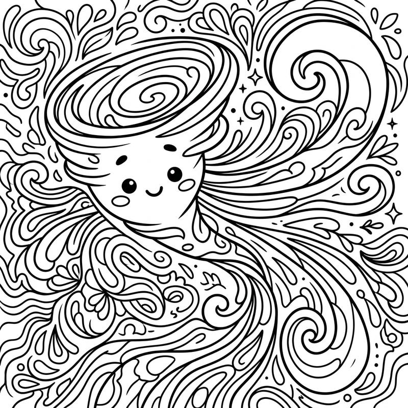 Embrace the fun of this unique Kawaii Psychedelic Gale coloring page, where a charming wind spirit dances amidst intricate, trippy swirls. This delightful design promises an imaginative coloring experience for all who love a blend of cute and surreal.