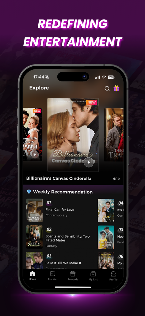 MiniShorts - Die MiniShorts App-Explore-Oberfläche zeigt empfohlene Kurz-Dramaserien wie Billionaires Canvas Cinderella.