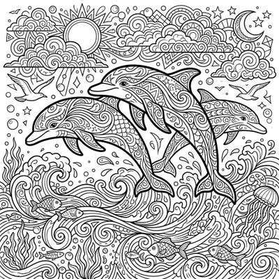 Immerse yourself in the beauty of the ocean with this dynamic coloring page featuring three majestic dolphins leaping through waves. Designed specifically for teens, its intricate details offer a captivating and rewarding artistic challenge.