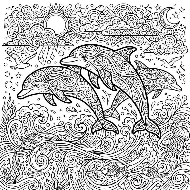 Immerse yourself in the beauty of the ocean with this dynamic coloring page featuring three majestic dolphins leaping through waves. Designed specifically for teens, its intricate details offer a captivating and rewarding artistic challenge.