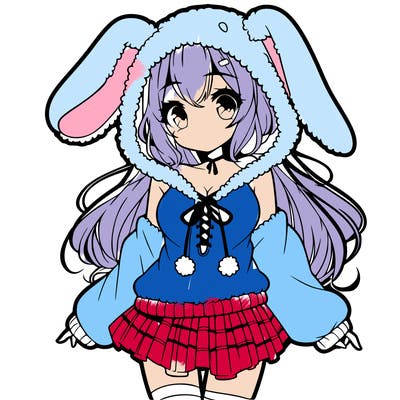 pretty anime girl wearing a fluffy hoodie with bunny ears on the hood and a skirt
