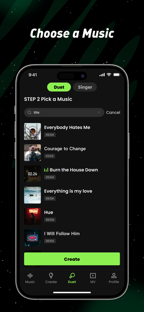 Interfaz de selección de música en la aplicación Deeptone que muestra una lista de canciones para crear un dúo de IA.