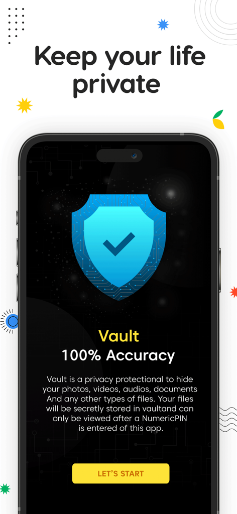 Photo Vault: Hide Pics & Video - Splash screen of the Photo Vault app with a blue shield icon and text about keeping your life private.