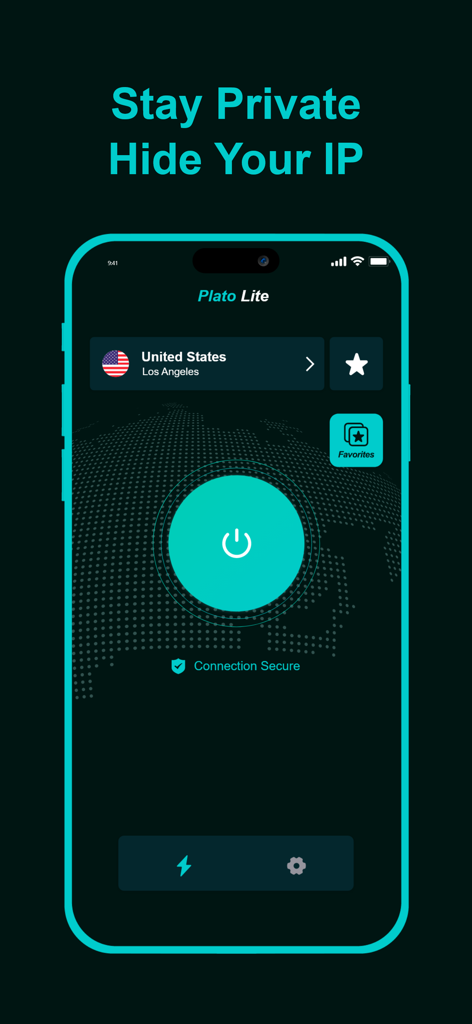 Plato VPN app interface featuring an easy one-tap connection and IP hiding for privacy protection.