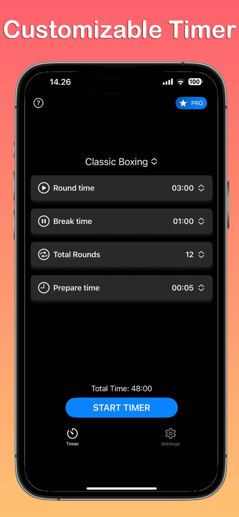 Boxing Timer - Round App - Interfaz de temporizador de asaltos de boxeo personalizable en modo oscuro mostrando la configuración de tiempo de asalto y descanso.