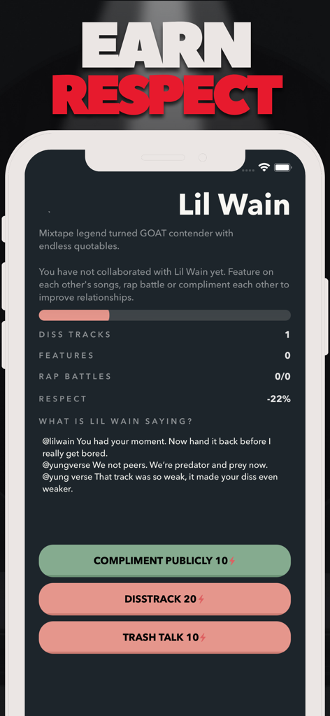 Tela de jogabilidade mostrando o recurso Ganhar Respeito com opções para elogiar, lançar faixas de rap agressivas ou falar mal de um artista rival.
