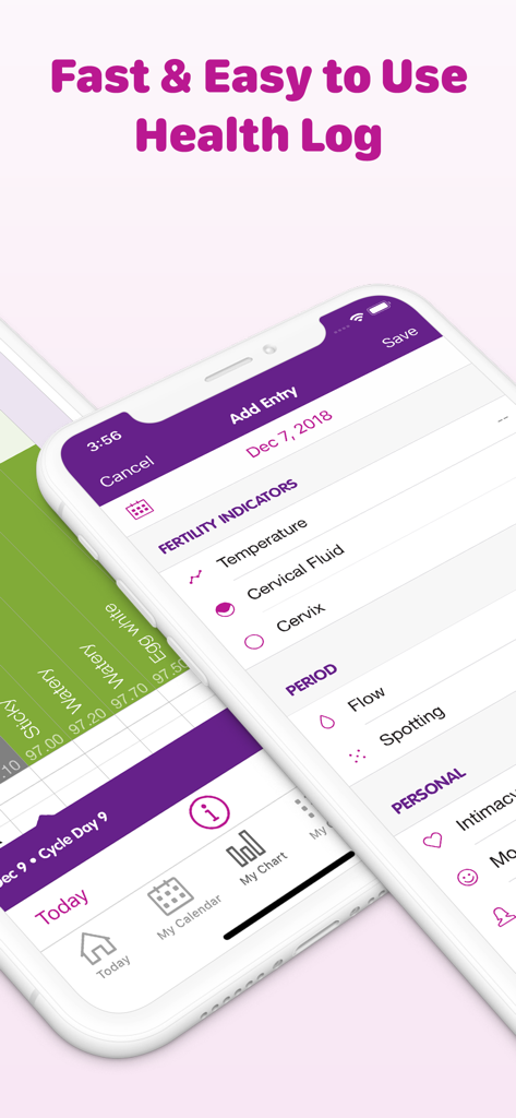 Interfaz de aplicación móvil que muestra un registro de salud para rastrear indicadores de fertilidad como la temperatura y el moco cervical