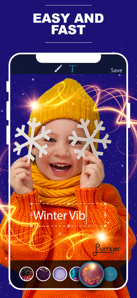 Lumyer:After Effects,Videoleap - Lumyer app screen showing a child photo with animated winter snowflakes and light effects