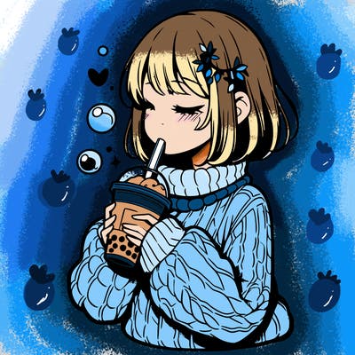 manga girl drinking boba in cozy sweater