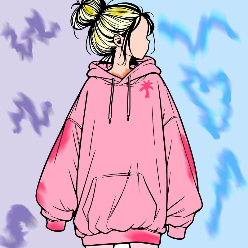 realistic girl with a oversized sweatshirt on and a bun