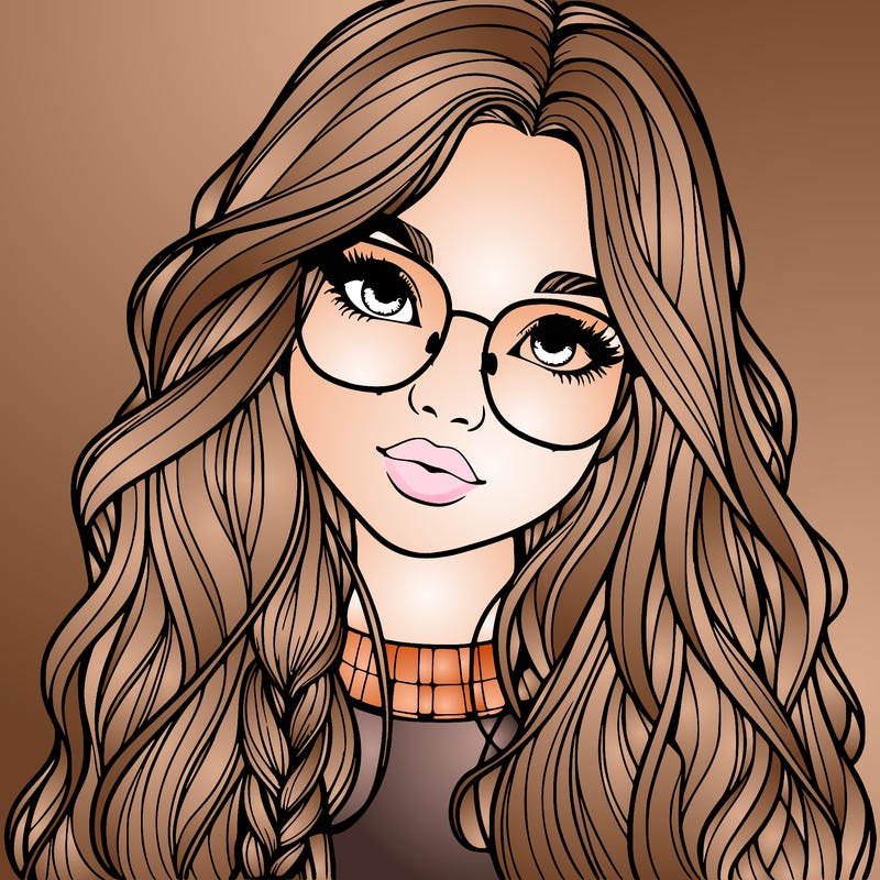 girl with long hair and freckles and glasses realistic