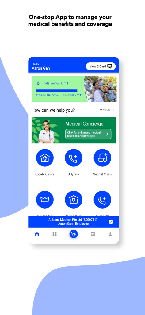 Panel de la aplicación Cigna Care Connect que muestra el límite médico anual y los iconos de servicios de atención médica