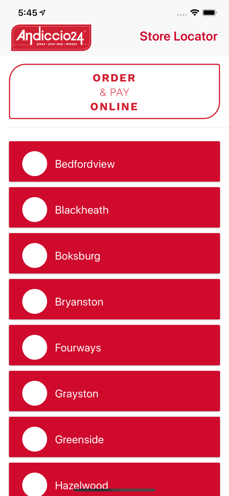 Andiccio24 app store locator interface showing a list of available locations to order and pay online