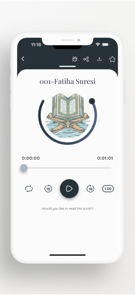 Read & Listen Qur'an - Audio player screen for Surah Al-Fatiha in the Read and Listen Quran app showing playback controls and progress bar.