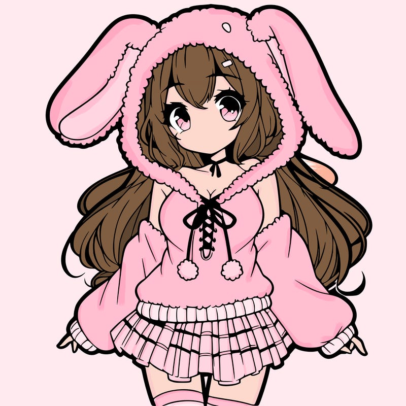 pretty anime girl wearing a fluffy hoodie with bunny ears on the hood and a skirt