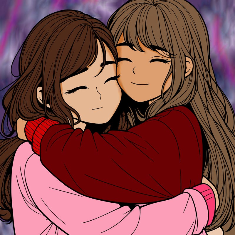 realistic two girls hugging