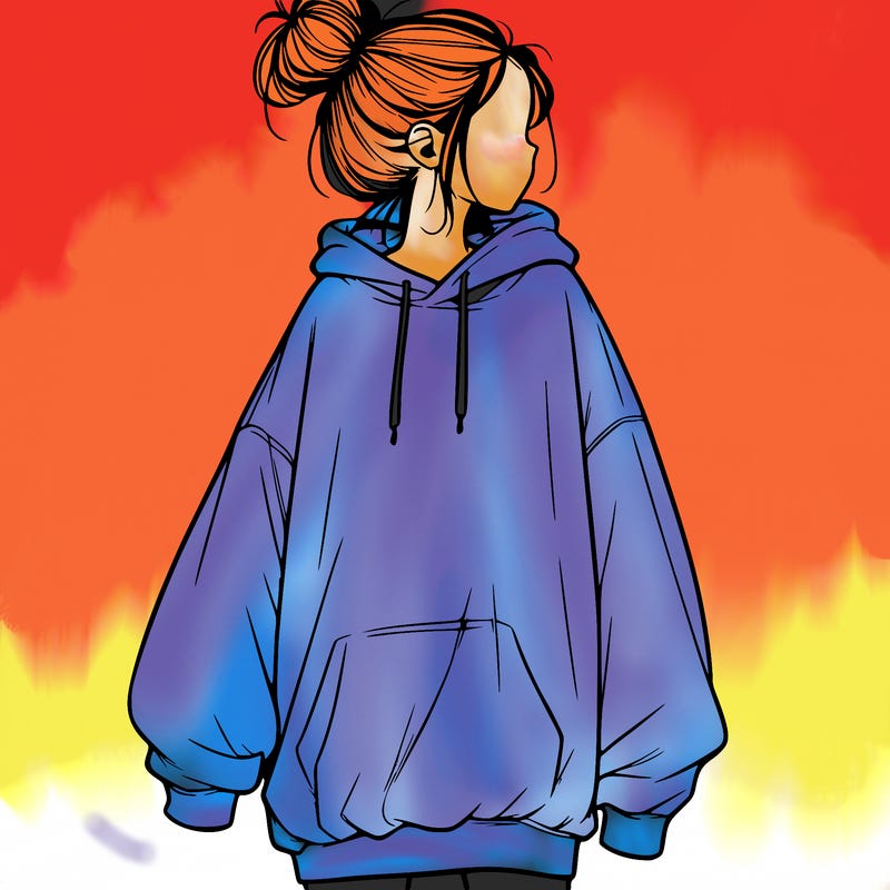 realistic girl with a oversized sweatshirt on and a bun