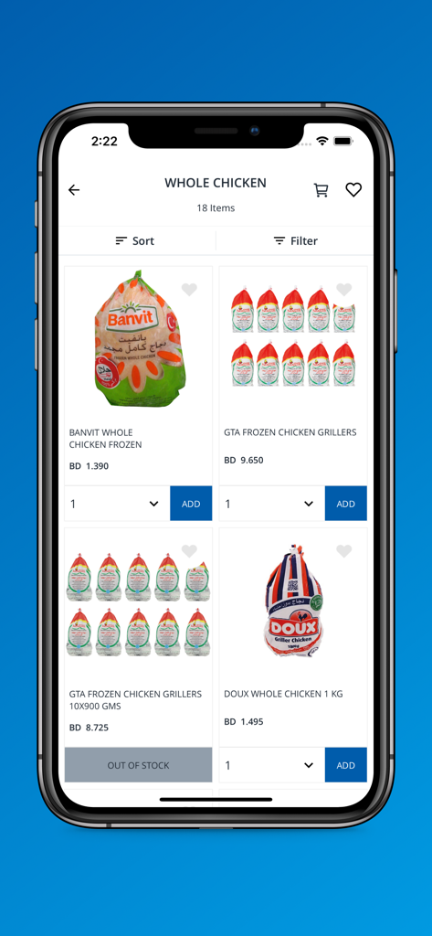 Al Jazira - Al Jazira mobile app product page showing various brands of whole chicken with prices