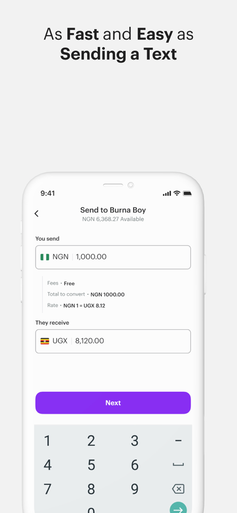 Chipper Cash - Schermata dell'app mobile che mostra un trasferimento di denaro da Naira nigeriana a Scellini ugandesi a zero commissioni