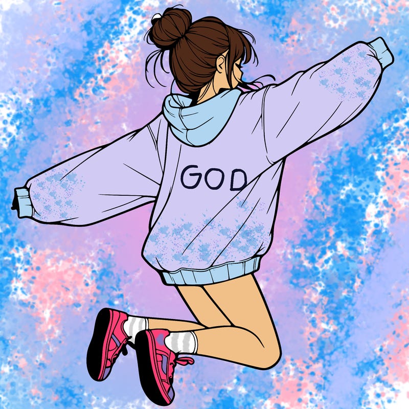 realistic girl jumping with a bun and oversized sweatshirt