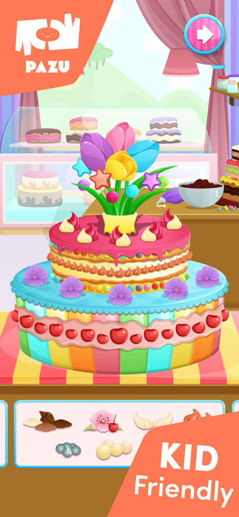 Cake maker Cooking games - A colorful three-tiered cake decorated with flowers and candies in the Pazu Cake Maker cooking game.