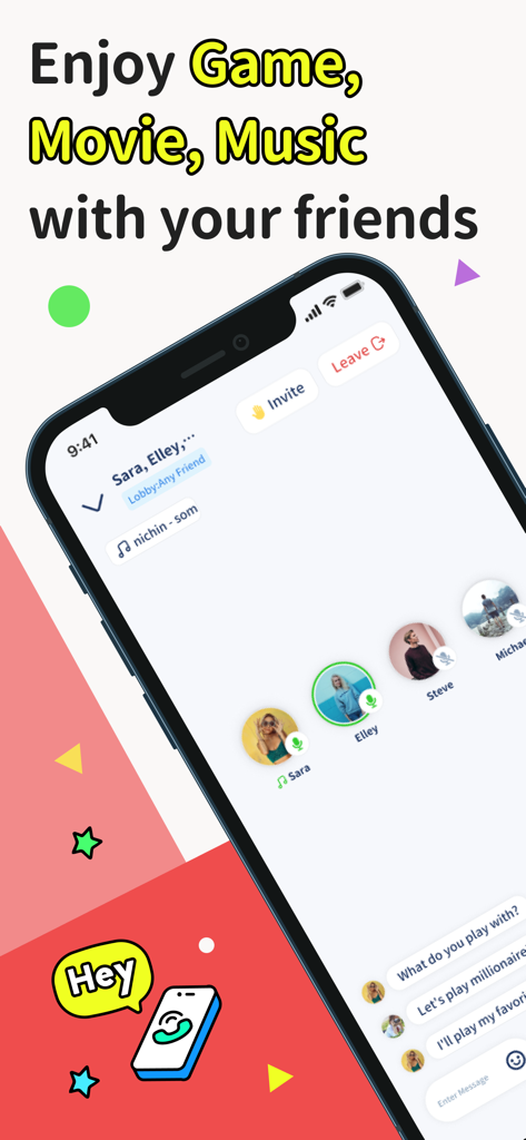 Parallel: Your Hangout Place - Uma interface de bate-papo por voz em grupo no aplicativo Parallel mostrando amigos curtindo enquanto ouvem música