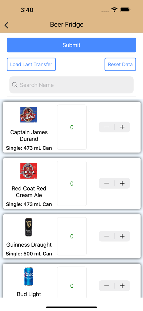 Interface of Barventory app showing beer fridge stock with a list of cans and quantity adjustment buttons.