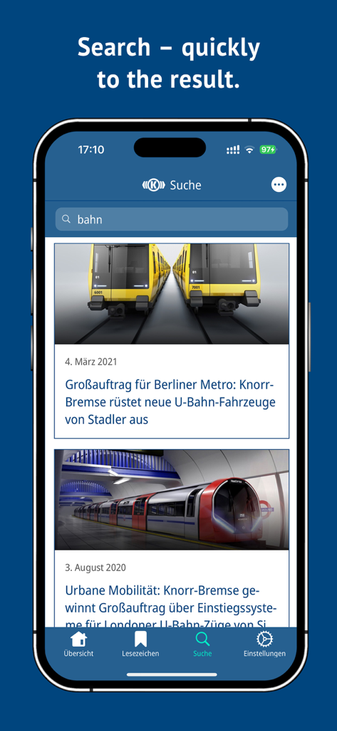 Search screen of the Knorr-Bremse mobile app displaying news articles about rail vehicle systems.