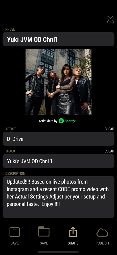 Marshall Gateway - Marshall Gateway app screen displaying details and artist information for a guitar amp preset