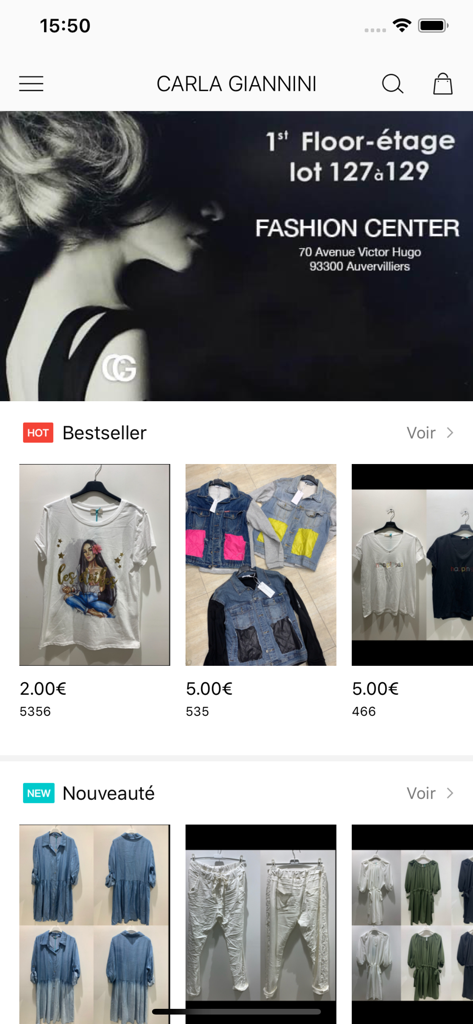 Interfaz de la aplicación de moda al por mayor Carla Giannini que muestra artículos de ropa superventas y novedades con precios europeos.