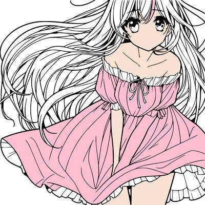 manga girl with long flowing hair and a dress that is pushed down