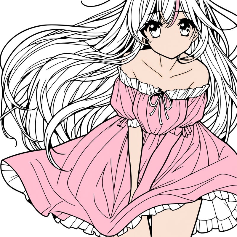 manga girl with long flowing hair and a dress that is pushed down