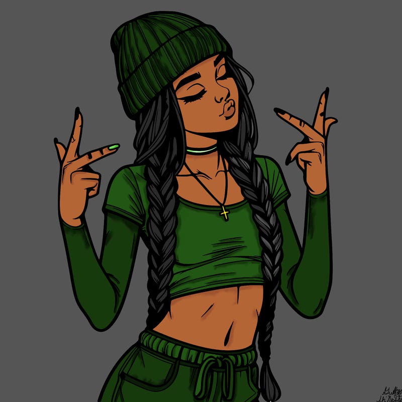 realistic teenage girl with braids and a beanie and crop top doing 🫶🏼
